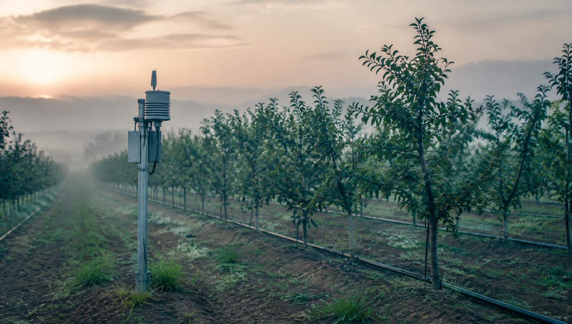 Orchard rows with drip irrigation lines and a field sensor station at dawn